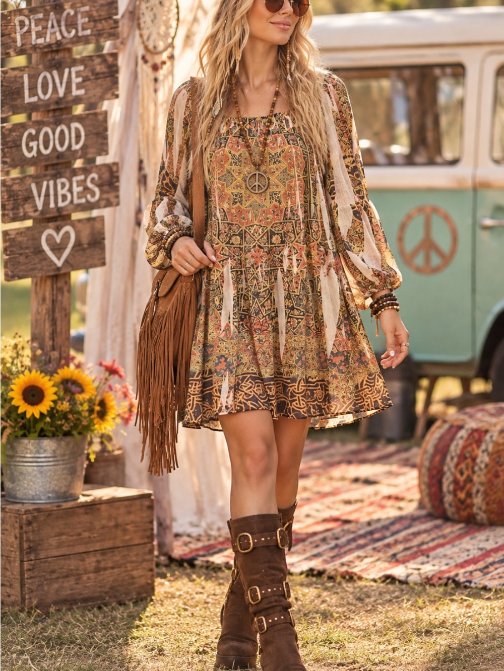 Unity World Wear Long Sleeve Boho Patchwork Dress in Brown and Cream